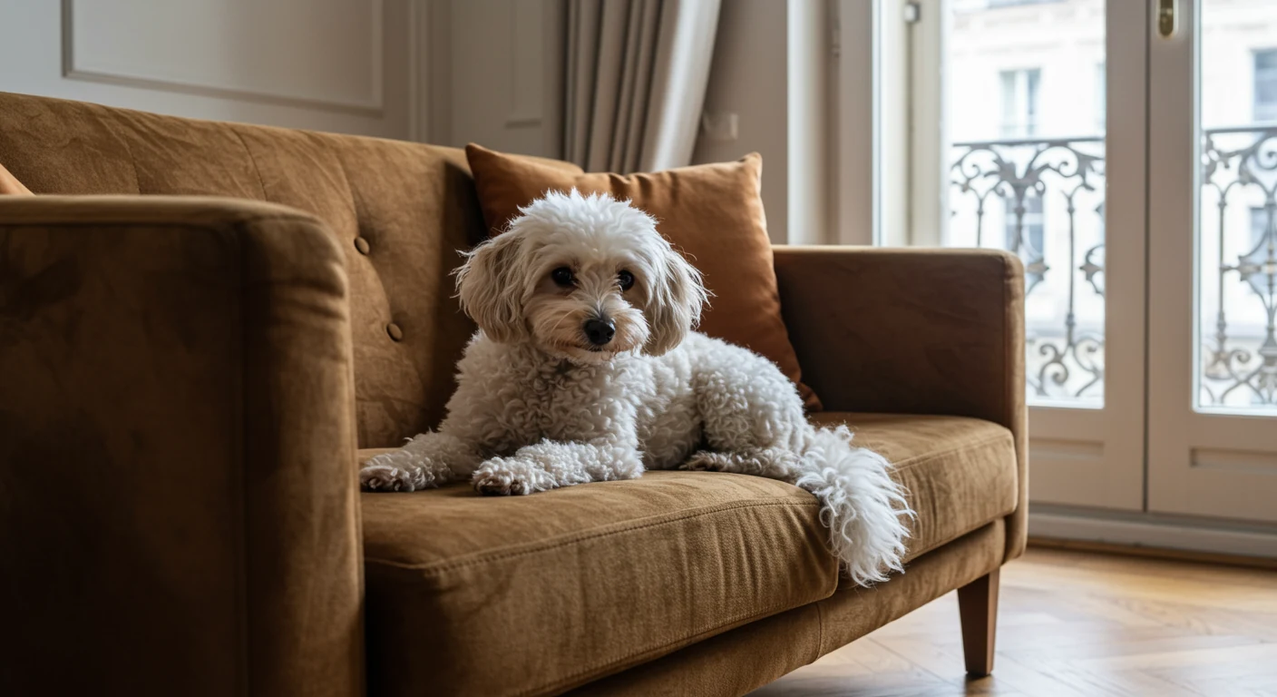 Caniche nain dans un salon moderne